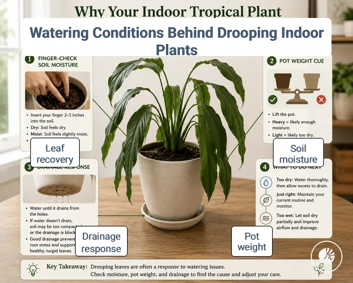 Checking soil moisture on a drooping indoor tropical plant